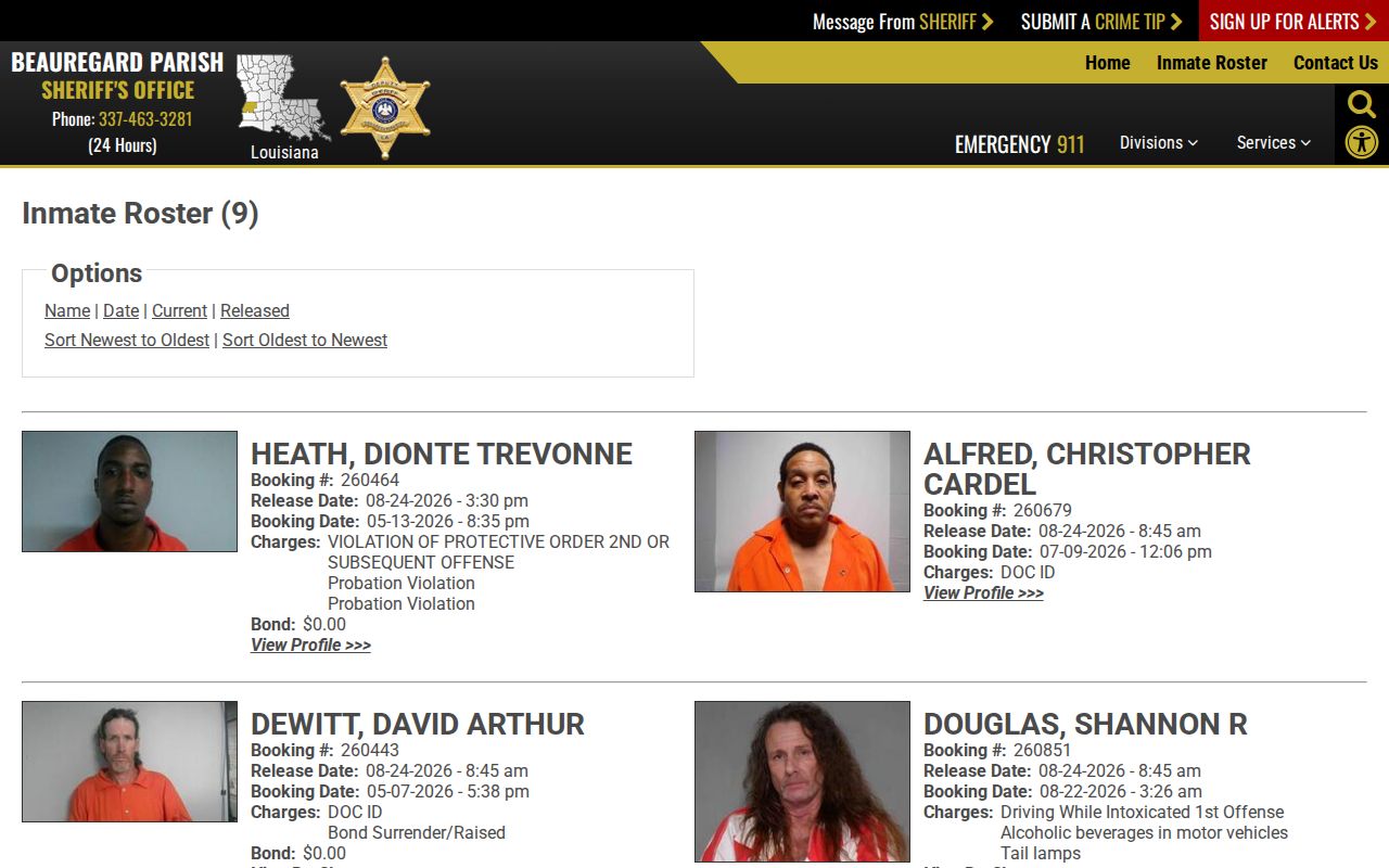 Beauregard Parish recent release booking record interface